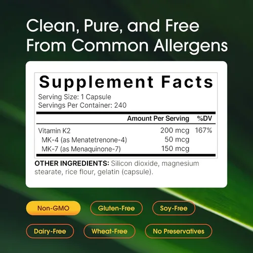 Miniatura 3 de NatureBell Suplemento de Vitamina K2 de Espectro Completo con MK-7 y MK-4, 200 mcg, 240 cápsulas Fórmula 2 en 1, complejo de vitaminas K – Apoya