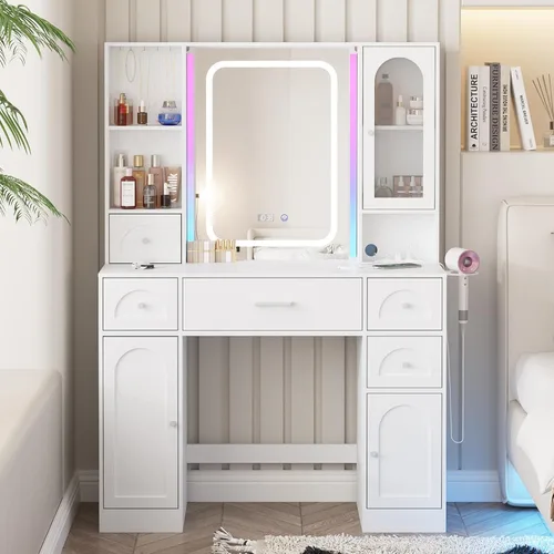 Miniatura 8 de Fameill Tocador Blanco con Espejo, Tocador de Maquillaje con Luces RGB y Regleta de Enchufes, Mesa Tocador de Maquillaje con 5 Cajones Mucho