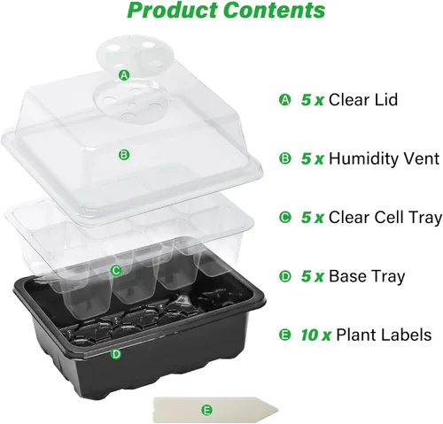 Miniatura 2 de Bonviee Paquete de 5 bandejas de inicio de semillas, kit de iniciación de plantas con cúpula de humedad ajustable y base de invernadero