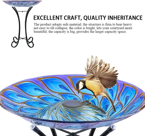 Miniatura 3 de MUMTOP Baño solar para pájaros de cristal al aire libre con soporte de metal para césped, patio, jardín, decoración de pavo real, 18 pulgadas