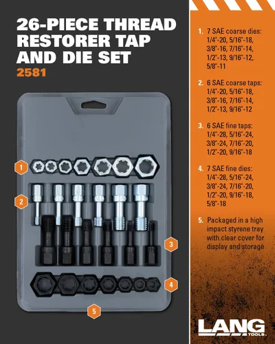Miniatura 4 de Lang Tools 2581 Juego de machos de roscar y terrajas restaurador de roscas de 26 piezas, negro