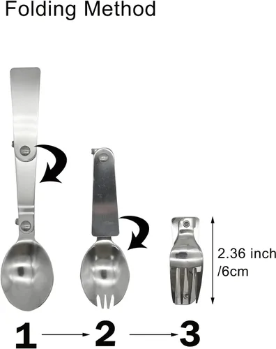 Miniatura 4 de Juego de 6 cucharas plegables y tenedores, 18/10 (304) de acero inoxidable portátil, utensilios de camping para termos actividades al aire libre