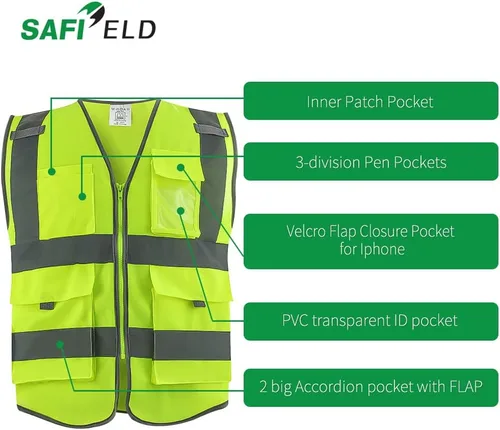 Miniatura 2 de Chaleco de trabajo reflectante de seguridad, paquete de 6 para hombres y mujeres, con 8 bolsillos y cremallera, ropa exterior de construcción