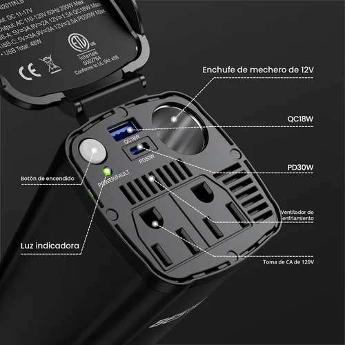 Miniatura 7 de BESTEK Inversor de corriente de 200 W, adaptador de toma de corriente de enchufe de coche de 12 V CC a 110 V CA con [USB-C de 30 W]/cargador rápido