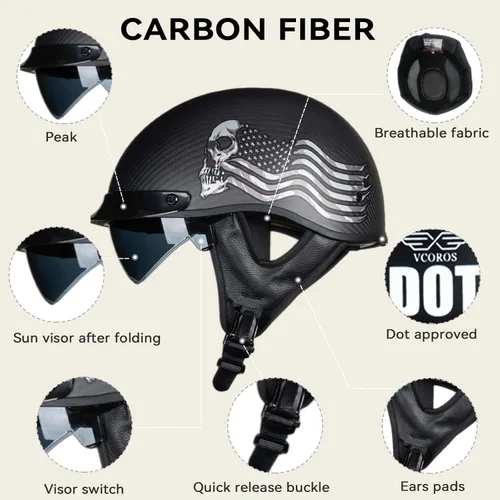 Miniatura 8 de VCOROS - Cascos de cara abierta de fibra de carbono estilo retro para motocicleta, cascos de media cara para hombres y mujeres, para moto, crucero