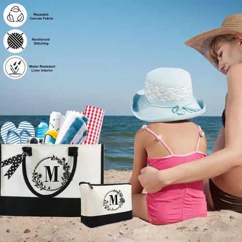Miniatura 4 de BeeGreen Bolsa de lona con inicial con bolsa de maquillaje, bolsa de playa, regalo de dama de honor para despedida de soltera, regalos de cumpleaños