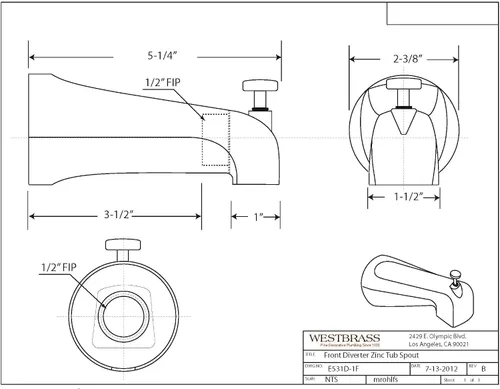 Miniatura 5 de Westbrass A531D-1F-62 Caño de bañera de montaje en pared de 5-1/4 pulgadas con desviador delantero, zinc, negro mate