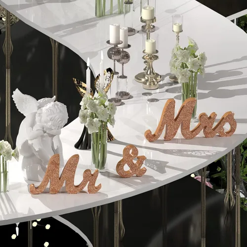 Miniatura 9 de Señal de Mr & Mrs para mesa de boda, letrero grande de madera de oro rosa con texto en inglés "Mr and Mrs & Just Married", decoración de mesa