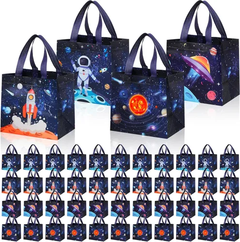 Windyun 48 bolsas de regalo espaciales a granel grandes para espacio exterior, recuerdos de fiesta no tejidas para golosinas con asas de 8.3 x 7.9 x