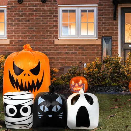 Miniatura 6 de Bolsas de césped de hojas de Halloween, bolsa gigante de césped de calabaza con lazos giratorios para decoración de jardín al aire libre, decoración