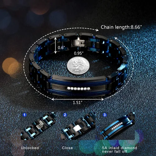 Miniatura 16 de Holizaly Pulsera curvada para hombre, chapado en iones negro y azul, regalos negros para hombres y mujeres, cumpleaños, día de San Valentín, joyas
