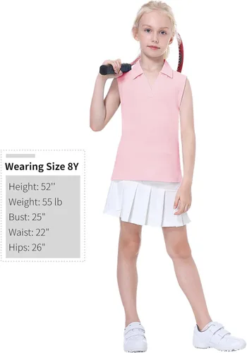 Miniatura 6 de EXARUS Camisetas polo de golf para niñas, sin mangas, cuello en V, tenis, atléticas, para ejercicio escolar de 5 a 12 años