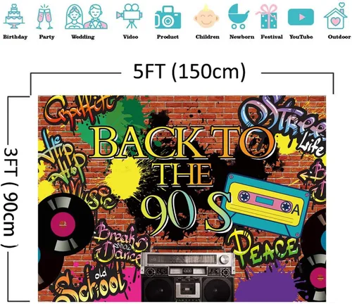 Miniatura 7 de Fondo de fotografía de fiesta temática de los años 90 Hip Hop 90th Graffiti pared de ladrillo Fondo de fotos de vinilo de 5x3 pies Retro Radio Prom