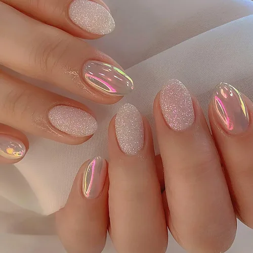 Miniatura 10 de Uñas postizas artificiales a presión de longitud media con diseño de lentejuelas plateadas, cobertura completa, reutilizables, rosadas