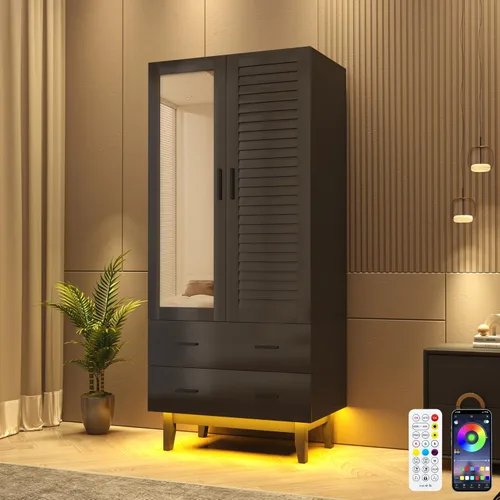 Miniatura 8 de Hlivelood Armario Ropero Closet de 2 Puertas con Espejo, Cajones y Luces LED, Estantes de Múltiples Niveles, Barra Colgante y 2 Puertas de Persiana