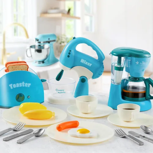 Miniatura 6 de Joyin Juguetes de Cocina de Juego, Juguete de Accesorios de Cocina de Comida de Juguete para Niñas con Cafetera, Batidora, Tostadora con Luces y Azul