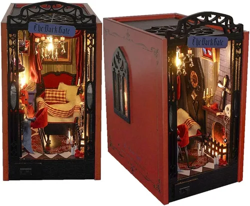 Miniatura 8 de Kit de casa en miniatura de bricolaje, kit de rincón de libro de estilo europeo, diseño de espejo ilusión, kit de casa de muñecas en miniatura