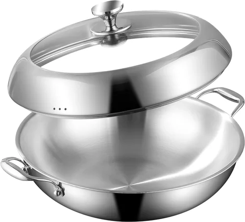 Miniatura 11 de DELARLO Woks y sartenes para saltear, sartén de acero inoxidable de 13 pulgadas con tapa, superficie de cocción grande, sartén wok de acero