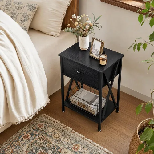 Miniatura 6 de VECELO Mesita de Noche Moderna, Mesa de Noche con Cajón y Estante de Almacenamiento para Sala de Estar y Dormitorio, Marco de Metal Industrial Negro