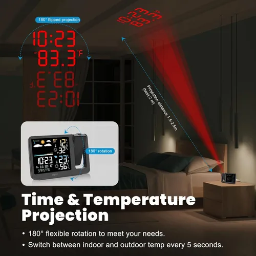 Miniatura 3 de uzoli Reloj Despertador de Proyección Estación Meteorológica, Reloj Proyector Atómico WWVB con Sensor, Retroiluminación Ajustable, Temperatura