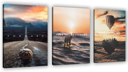 Miniatura 10 de 3 Paneles de Arte de Pared en Lienzo Inspiracional Enmarcado Moderno Pez Dorado Cuerpo Fuerte Corazón de Tiburón La Mentalidad lo es Todo Carteles