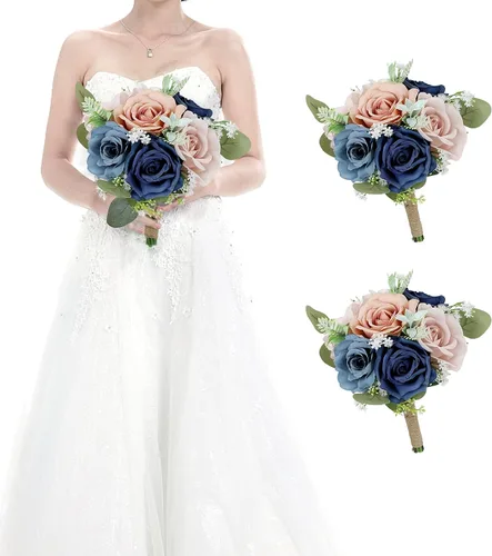 Miniatura 9 de Juego de 4 ramos para dama de honor para boda - Ramos de flores artificiales de 7 pulgadas para decoración de centros de mesa de ceremonia y Azul