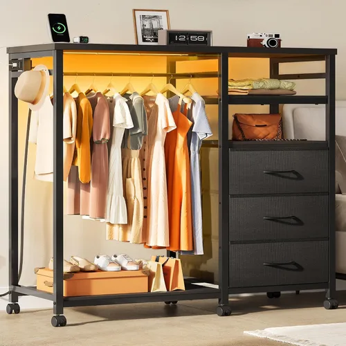 WLIVE Cómoda negra con estante colgante para dormitorio, cómoda de 3 cajones con luces LED y estación de carga, cómoda de tela y cómoda, organizador
