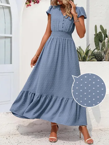 Miniatura 3 de PRETTYGARDEN - Vestido estilo bohemio, manga corta, cuello en V y plumetí con volados para mujer, vestido largo fruncido de cóctel