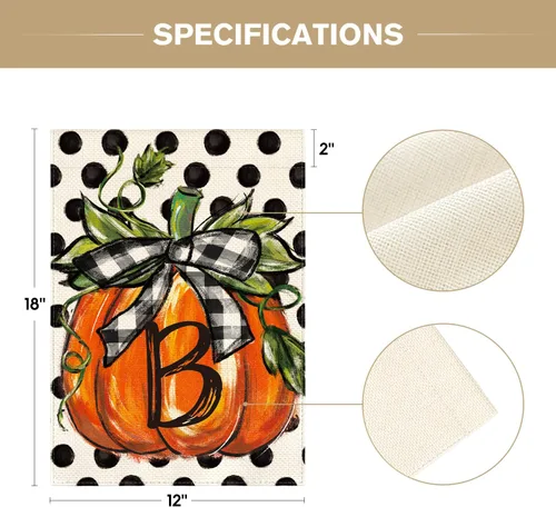 Miniatura 5 de AVOIN colorlife Bandera de jardín con monograma de otoño con letra B, diseño de calabaza, con diseño de lunares, 12 x 18 pulgadas, doble cara