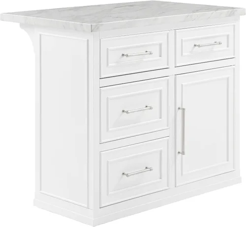 Crosley Furniture Cutler - Isla de cocina de mármol sintético con almacenamiento, barra de desayuno, soporte para microondas, color blanco