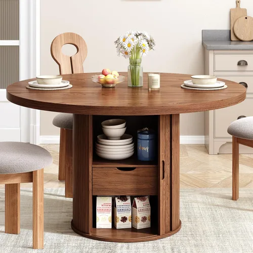 Miniatura 8 de Mesa de comedor redonda de 47 pulgadas para 4, mesa de cocina circular con estante de almacenamiento de 2 capas y un cajón, mesas de comedor