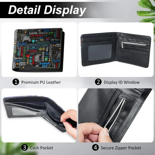 Miniatura 3 de Billetera para niños adolescentes Cartera genial para niños, diseño de videojuegos, cuero delgado, doble plegable con bolsillo para monedas