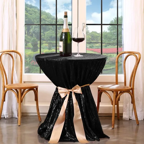 Miniatura 5 de Manteles redondos de lentejuelas negros para fiestas, de 121,9 cm, mantel redondo de purpurina ajustado, pequeño, lindo y dulce, para boda