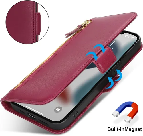 Miniatura 4 de Lipvina Funda tipo cartera para iPhone 12 Pro Max / 13 Pro Max para mujeres, bolsillo con cremallera, funda de teléfono de cuero PU con soporte