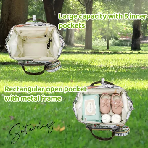 Miniatura 9 de Mochila para pañales de selva tropical, mochila para pañales con diseño de animales con bolsa para monedas, puerto de carga USB, correas para Blanco