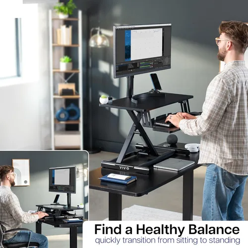 Miniatura 7 de VIVO 32 inch Electric Motor Desk Converter, Height Adjustable Riser, Sit to Stand Dual Monitor and Laptop Workstation with Wide Keyboard Tray