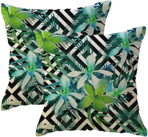 Miniatura 8 de ULOVE LOVE YOURSELF Paquete de 2 fundas de almohada cuadradas decorativas con diseño de hojas verdes tropicales con fondo geométrico, fundas
