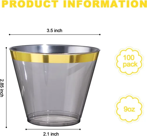 Miniatura 9 de Superrnal 100 piezas Vasos de Plástico Dorados y Negros 9OZ Elegantes Vasos Transparentes con Borde Dorado para Fiestas Vasos Desechables Elegantes