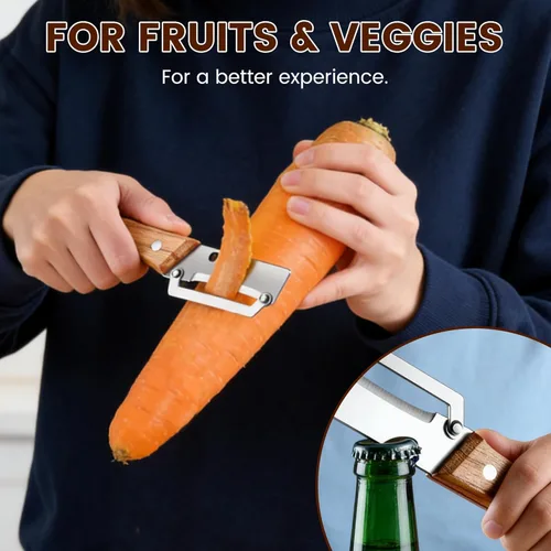 Miniatura 8 de 2026 Nuevo pelador multifuncional de verduras para cocina, con mango de madera y abridor de botellas, hoja de acero inoxidable ultra afilada