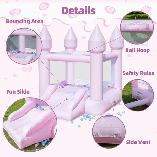 Miniatura 2 de Casa de rebote de PVC, casa de rebote para niños de 3 a 6 años con soplador y tobogán, castillo inflable rosa para niños pequeños de 1 a 3 años