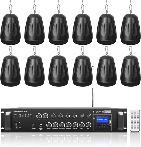 Miniatura 10 de Sound Town Amplificador Bluetooth para restaurante comercial + juego de altavoces colgantes, con un amplificador de 2 zonas de 70 V/100 V