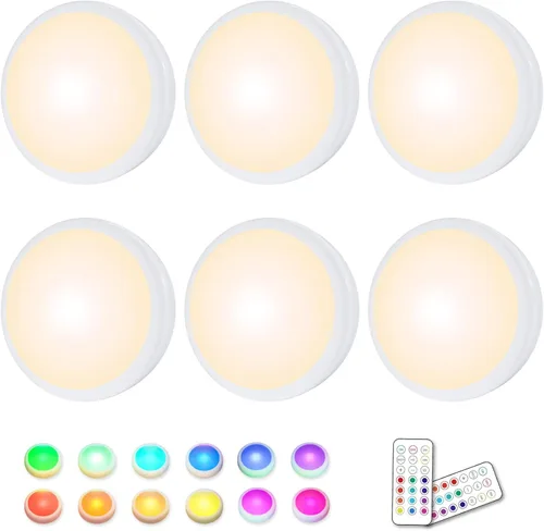 HELPLEX Luces LED de disco con control remoto, paquete de 6 luces adhesivas RGBW que cambian de color, alimentadas con pilas, iluminación regulable