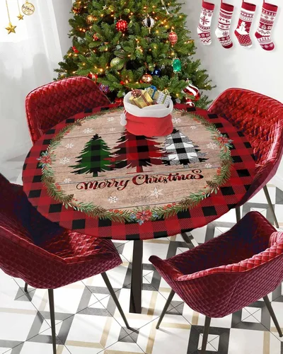 Miniatura 20 de Mantel ajustado redondo de Navidad con Poinsettia, mantel de lino retro de Navidad impermeable para mesa circular, mantel circular elástico de Rojo