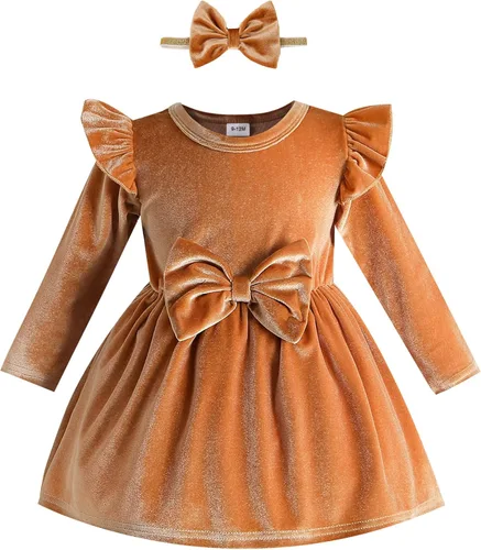 Kucnuzki Vestido de terciopelo para niña pequeña, vestido de terciopelo sólido para niña, vestido de princesa casual para fiesta de otoño