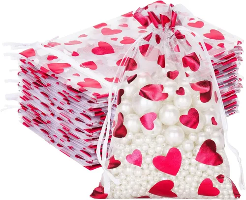 Miniatura 13 de G2PLUS - Bolsas de organza de corazón, 50 bolsas de regalo con cordón transparente de 4 x 6 pulgadas Pink Mesh Bags with Gold Foil Hearts for