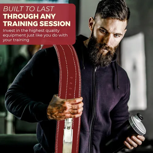 Miniatura 7 de Cinturón para levantamiento de peso con hebilla palanca, 0.4 pulgadas de FlexzFitness, Rojo