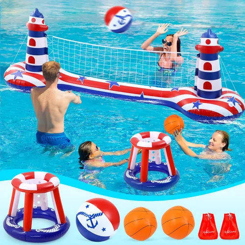 Miniatura 10 de EagleStone Red de voleibol para piscina y aro de baloncesto, flotadores inflables para piscina, juguetes para nadar juegos de agua para adultos