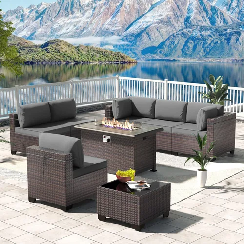 Miniatura 74 de Kullavik Juego de 13 muebles de patio al aire libre con mesa de fogata de gas propano de 43 pulgadas, 55000 BTU, mimbre de polietileno, sofá Arena