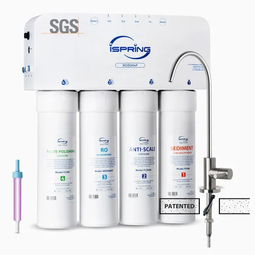 iSpring RO5004F - Sistema de filtro de agua por ósmosis inversa con UV, probado por SGS, reducción de PFAS y TDS, sistema de 500 GPD bajo el Blanco