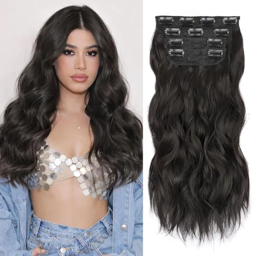 Miniatura 32 de ALXNAN Extensiones de cabello sintético largo y ondulado con clip, de 16 pulgadas, color negro natural, 4 piezas gruesas, fibra de doble trama